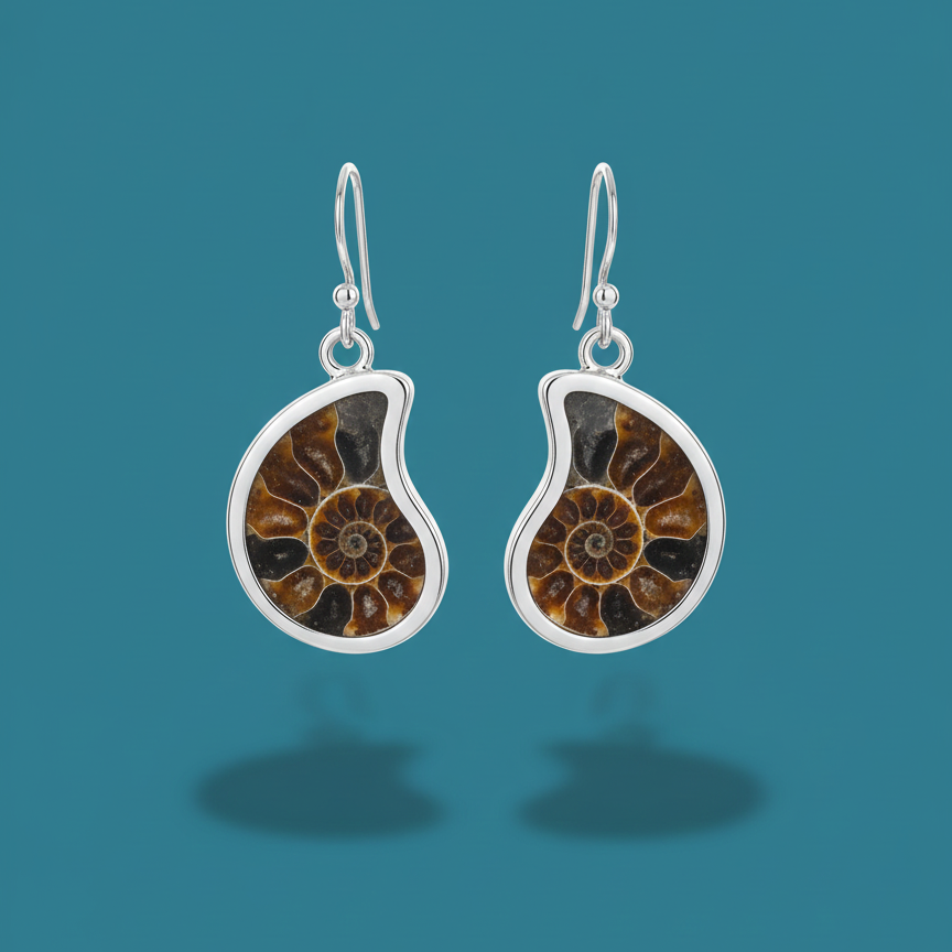🐚 Aretes Colgantes de Plata .925 con Fósil de Amonita