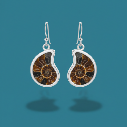 🐚 Aretes Colgantes de Plata .925 con Fósil de Amonita