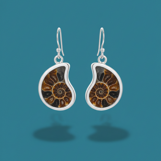 🐚 Aretes Colgantes de Plata .925 con Fósil de Amonita